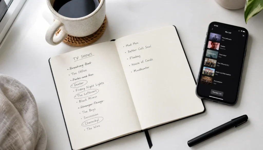 A handwritten TV watchlist in a notebook with some shows crossed out during a watchlist audit