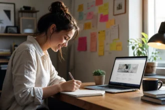 Woman validating a business idea at home with a notebook and laptop