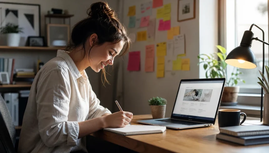 Woman validating a business idea at home with a notebook and laptop