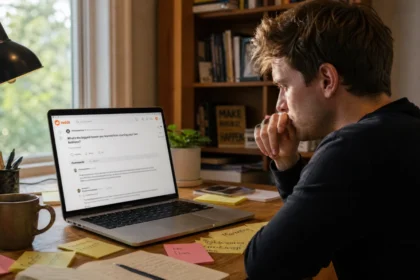 Person using Reddit on a laptop to validate a business idea from a home office