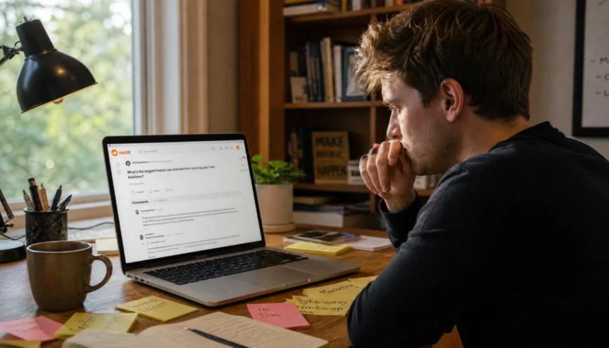 Person using Reddit on a laptop to validate a business idea from a home office