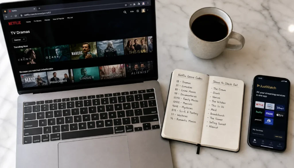 Laptop showing Netflix genre codes alongside a notebook with TV show recommendations and a cup of coffee