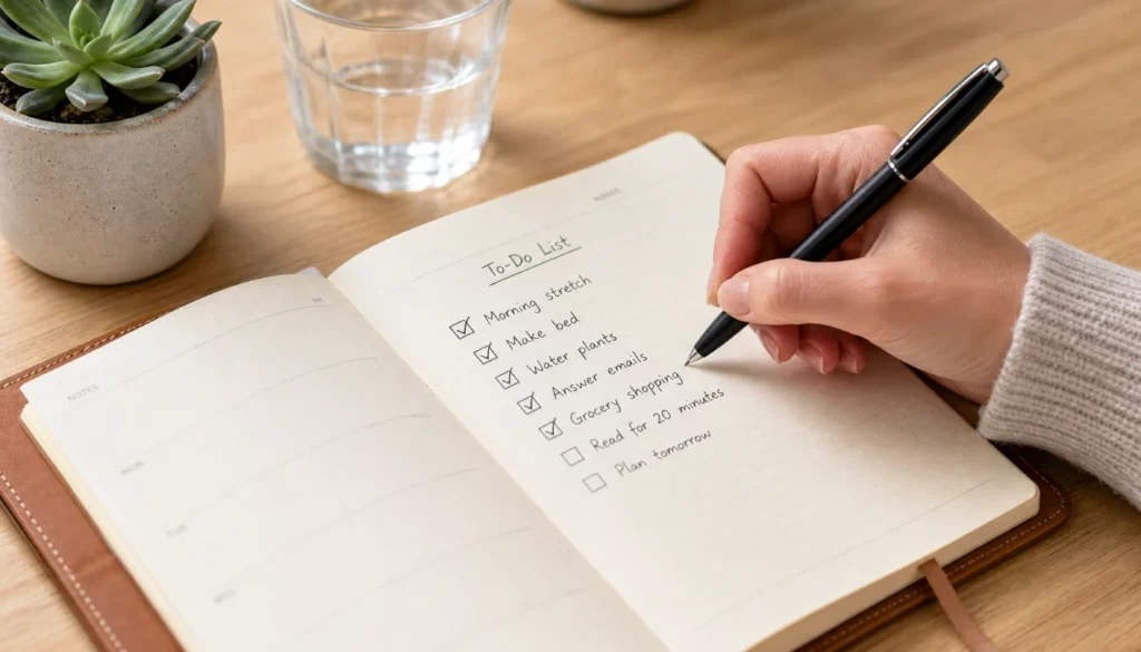 Hand checking off a weekly reset checklist in a planner to build a consistent Sunday habit