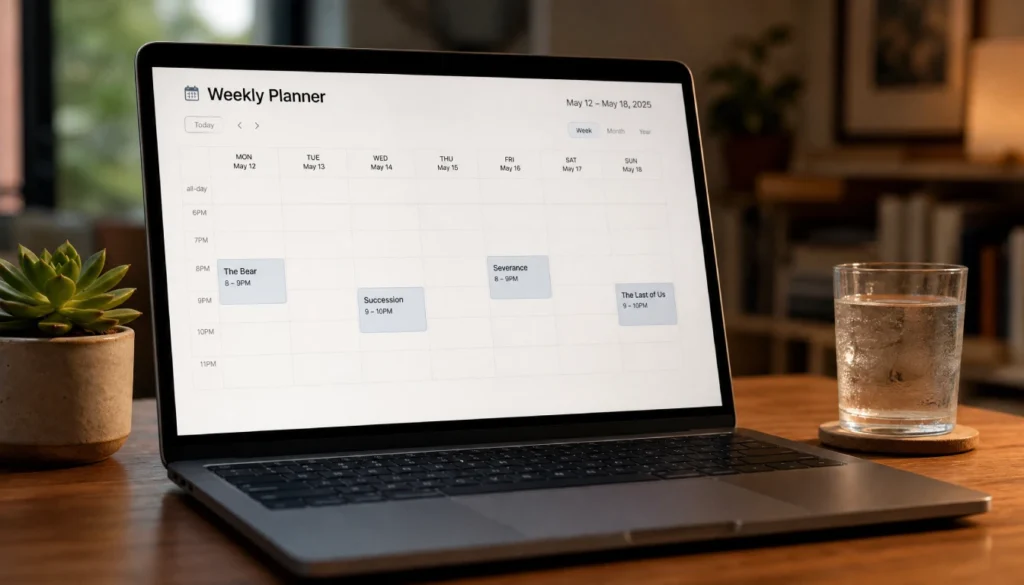 A laptop showing a weekly TV schedule planner with shows blocked into evening time slots