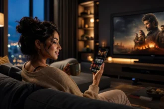 A woman planning her weekly TV watch schedule on her phone in a cozy living room