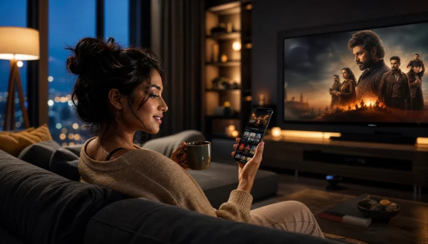 A woman planning her weekly TV watch schedule on her phone in a cozy living room