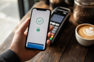 Person holding a smartphone to make a contactless digital wallet payment at a coffee shop counter
