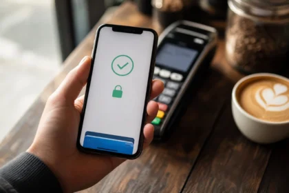 Person holding a smartphone to make a contactless digital wallet payment at a coffee shop counter