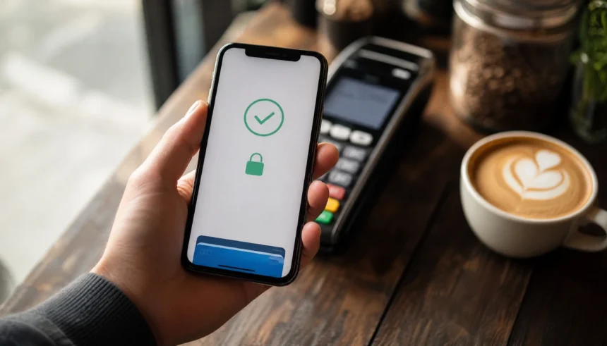 Person holding a smartphone to make a contactless digital wallet payment at a coffee shop counter