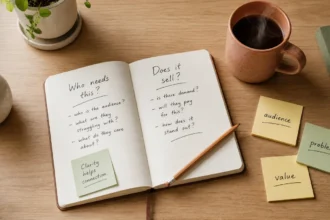 A flat lay of a notebook with handwritten business notes, sticky notes, and a coffee mug on a wooden desk, representing the process of finding product-market fit for a small business.