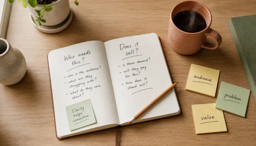 A flat lay of a notebook with handwritten business notes, sticky notes, and a coffee mug on a wooden desk, representing the process of finding product-market fit for a small business.