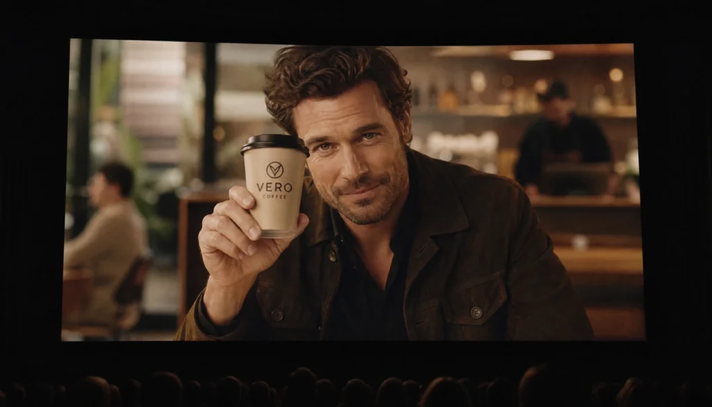 A close-up movie scene showing an actor holding a branded coffee cup with the logo facing the camera, illustrating diegetic product placement in film.