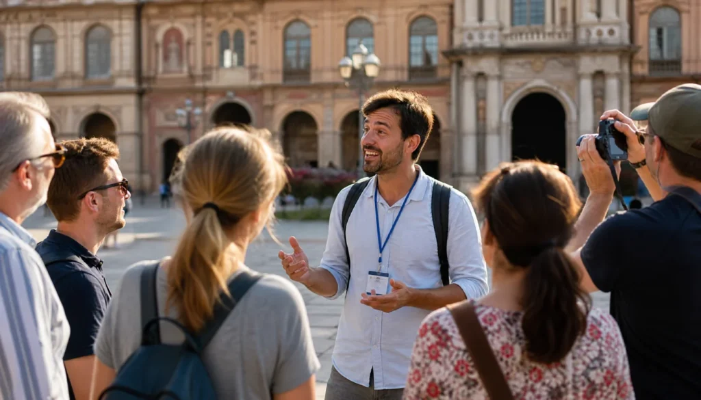 A walking tour guide explaining the history of a historic building to a group of attentive travelers