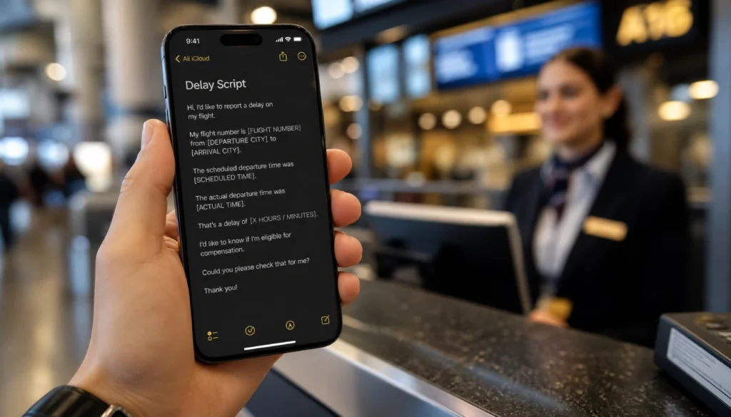Person using a prepared script on phone while speaking to airline staff at the airport desk during an overnight delay