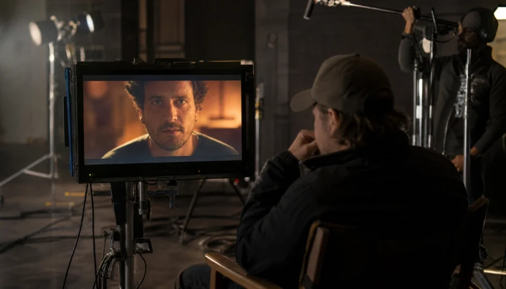 A film director monitors a shot of an actor looking directly into the camera, capturing the intentional creative decision behind using fourth wall breaks in storytelling.