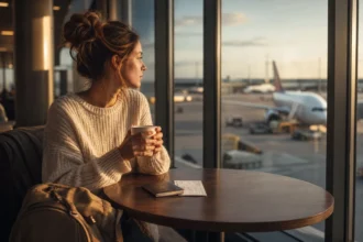 Woman sitting at airport departure gate with passport and boarding pass, reflecting before international travel