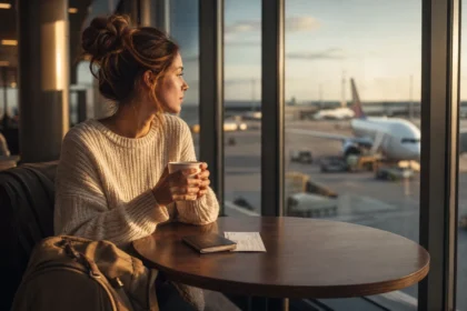 Woman sitting at airport departure gate with passport and boarding pass, reflecting before international travel