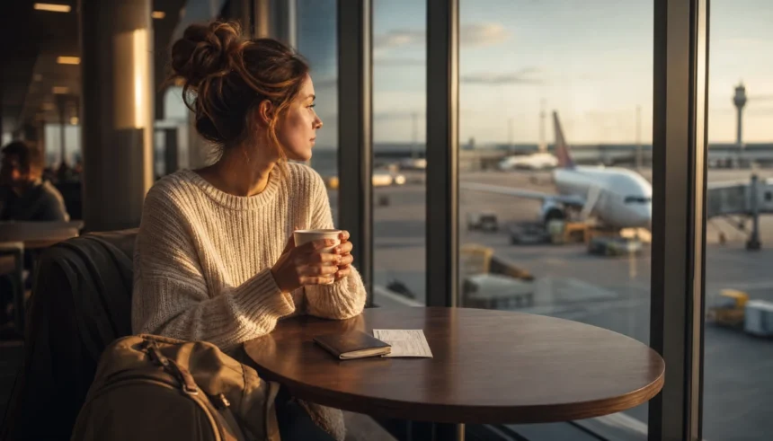 Woman sitting at airport departure gate with passport and boarding pass, reflecting before international travel