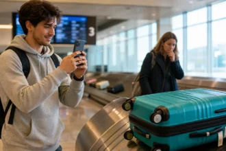 Traveler photographing teal suitcase on airport baggage carousel using smartphone