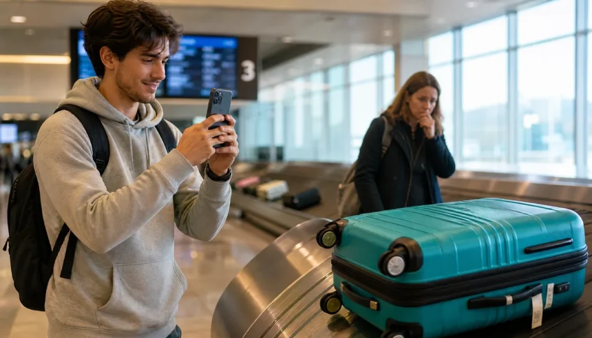 Traveler photographing teal suitcase on airport baggage carousel using smartphone
