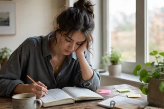 A woman sitting at a desk looking at her habit journal during a motivation slump, with soft morning light and a cup of coffee nearby.