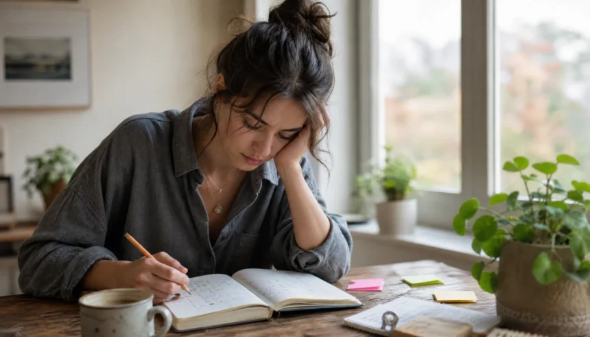 A woman sitting at a desk looking at her habit journal during a motivation slump, with soft morning light and a cup of coffee nearby.