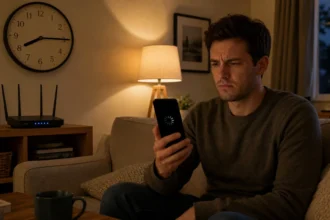 Person sitting on sofa at night holding phone showing buffering icon near Wi-Fi router