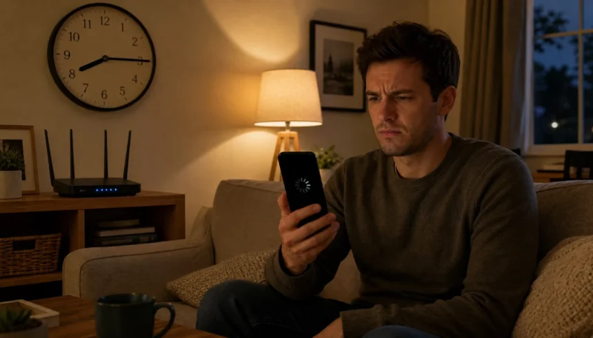 Person sitting on sofa at night holding phone showing buffering icon near Wi-Fi router