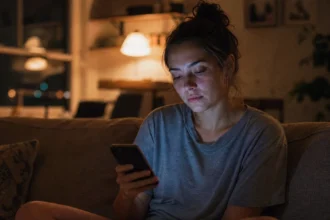 Young woman sitting on a couch at night scrolling Instagram on her phone with a tired expression