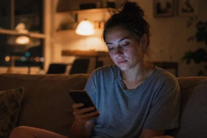 Young woman sitting on a couch at night scrolling Instagram on her phone with a tired expression