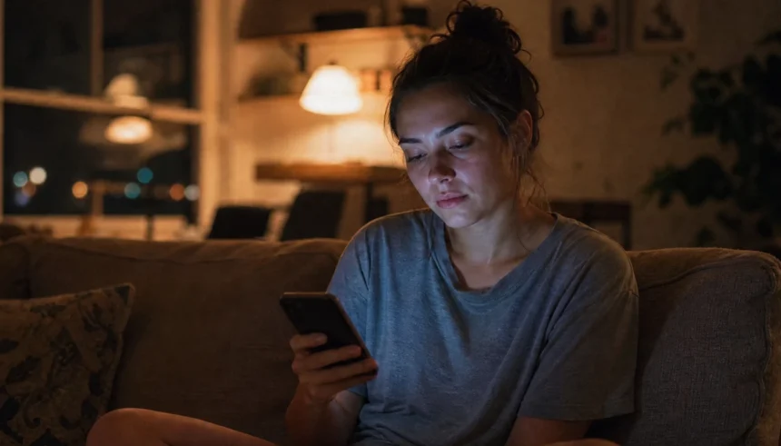 Young woman sitting on a couch at night scrolling Instagram on her phone with a tired expression