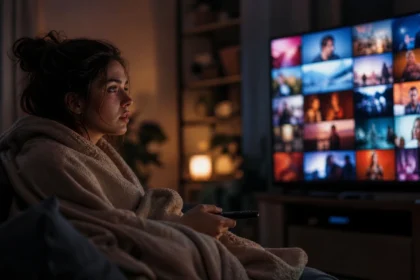 Woman sitting on a couch late at night surrounded by streaming recommendations on her TV screen