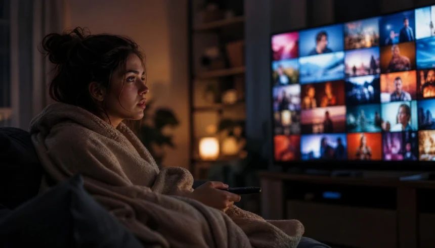 Woman sitting on a couch late at night surrounded by streaming recommendations on her TV screen