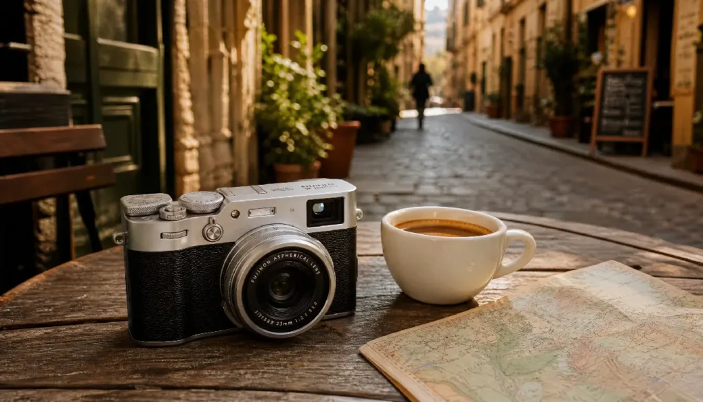 Fujifilm X100VI on café table street photography setup