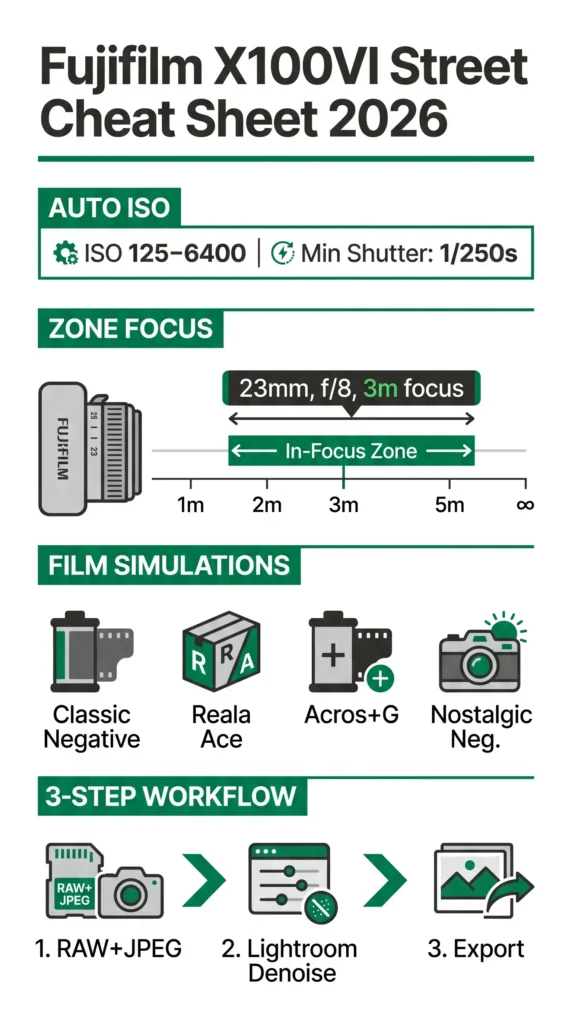 Fujifilm X100VI street photography settings cheat sheet infographic