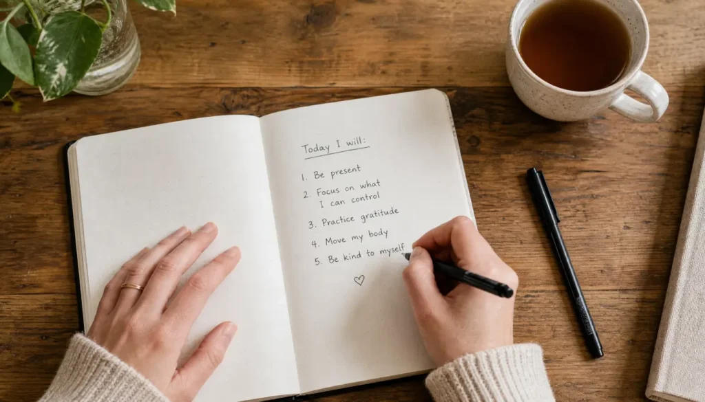 Person writing down the principles of intuitive eating in a journal