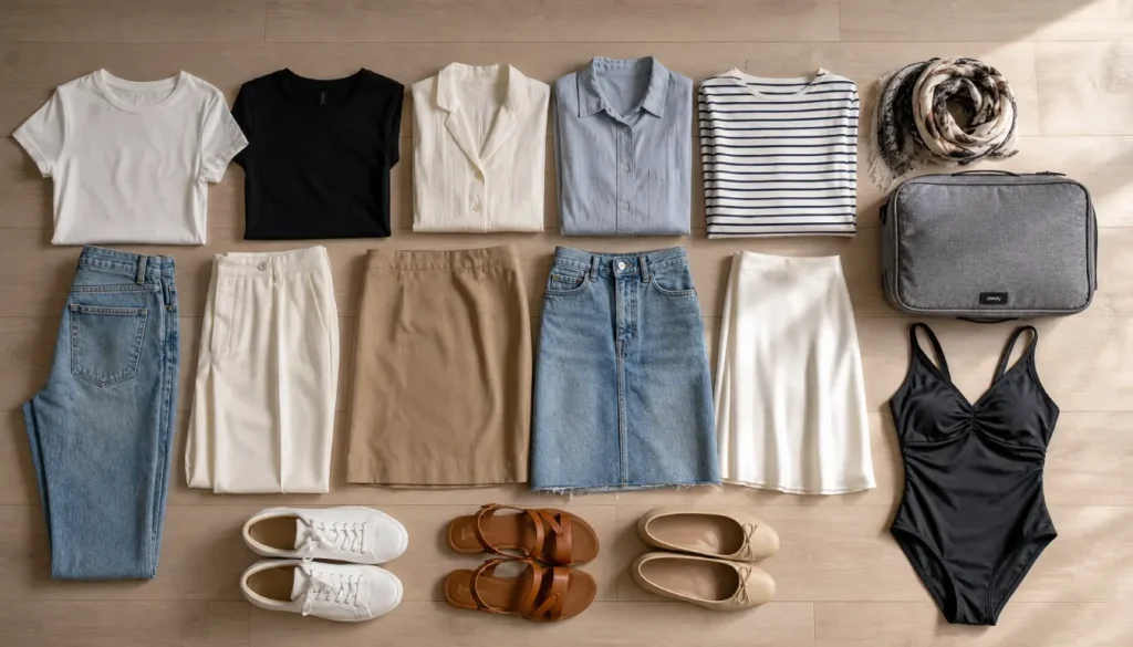 5-4-3-2-1 packing method clothes flat lay on wooden floor