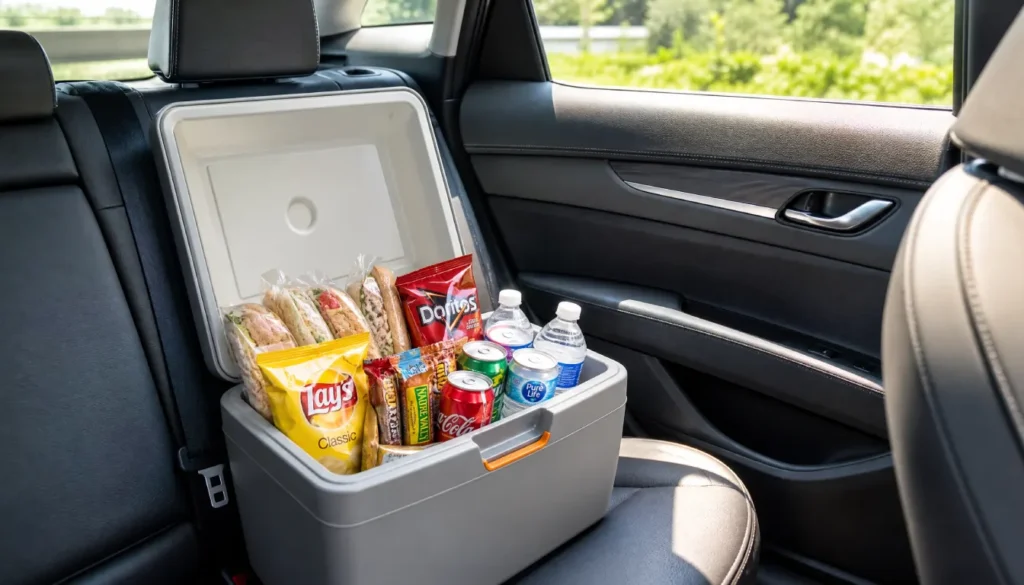 Packed cooler for a budget-friendly solo road trip