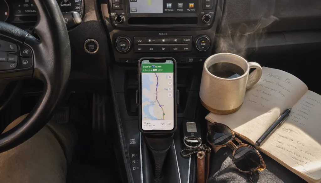 Road trip route planning on phone GPS with notebook