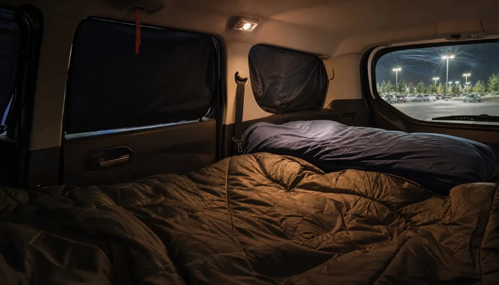 Car interior set up for safe overnight sleeping on a road trip