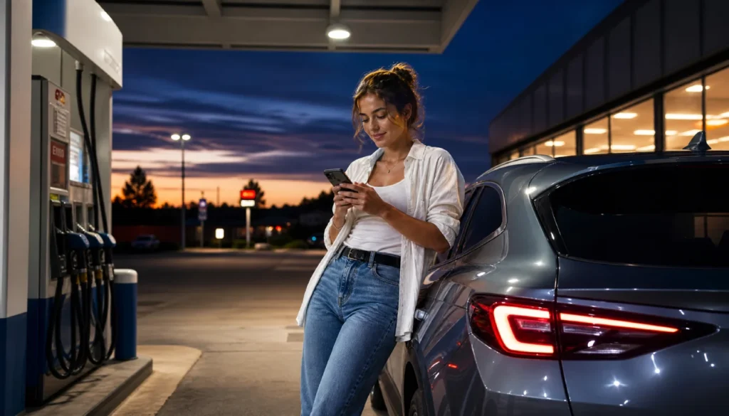 Woman safely stopped at a well-lit gas station during a solo trip