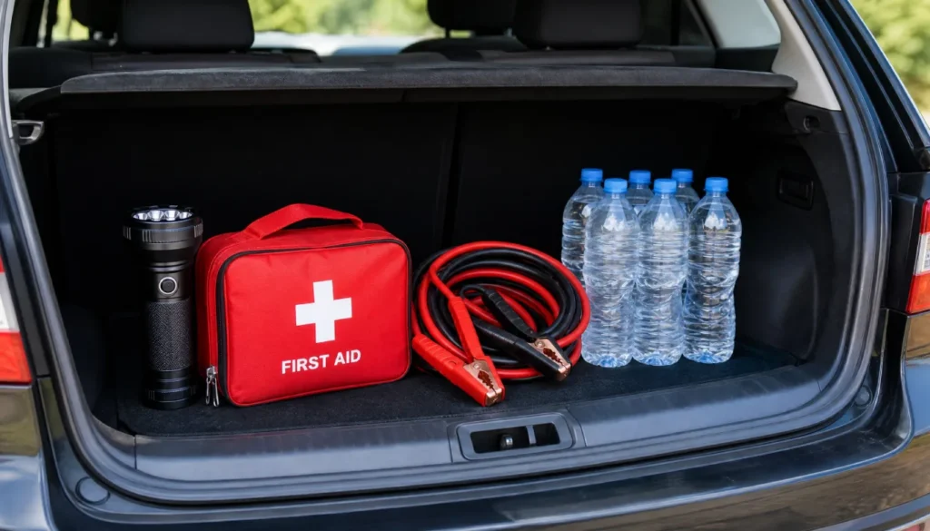 Emergency car kit packed for a solo road trip