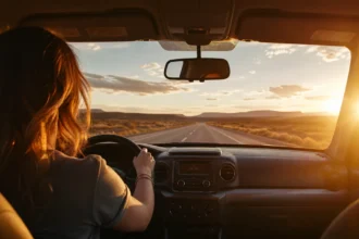 Woman driving alone on a solo road trip during golden hour