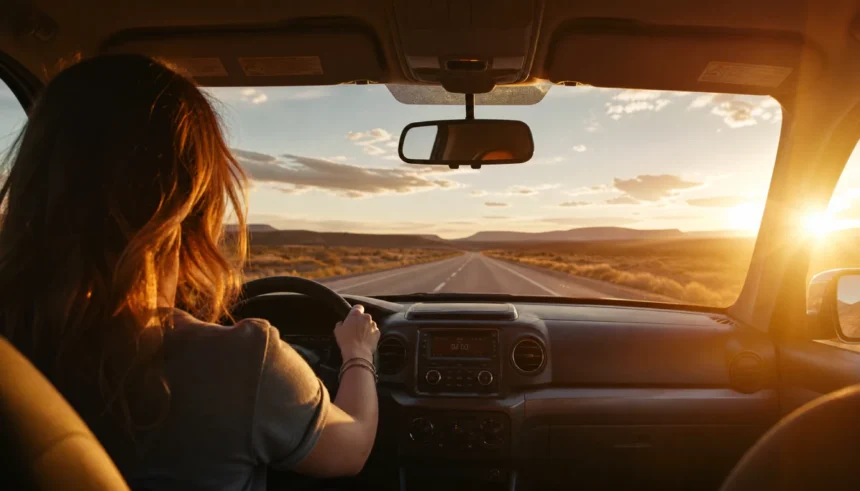 Woman driving alone on a solo road trip during golden hour
