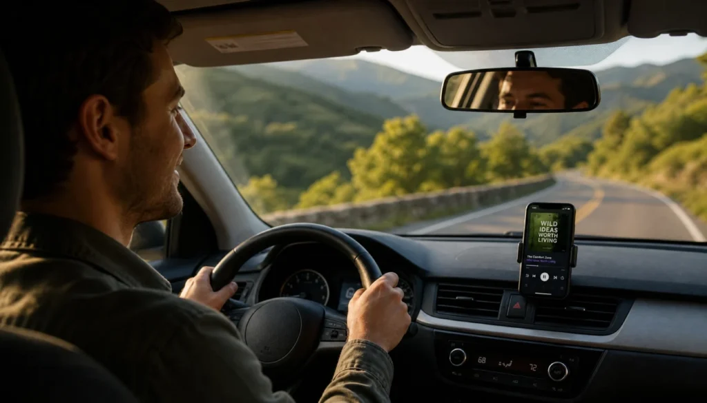 Solo traveler listening to a podcast while driving