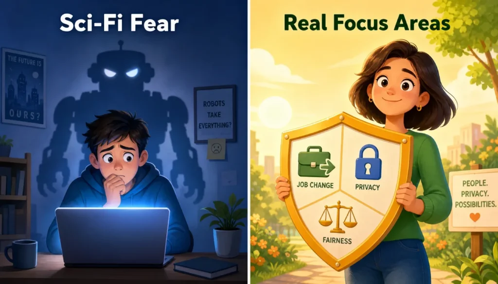 Comparison between unrealistic AI fears like killer robots and real concerns like job changes, bias, and data privacy