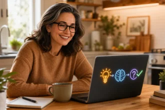 Friendly illustration of a person learning about AI in simple words on a laptop