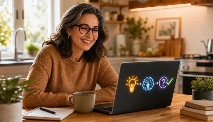 Friendly illustration of a person learning about AI in simple words on a laptop