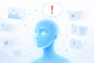 Illustration of an AI head generating a false answer, representing an AI hallucination