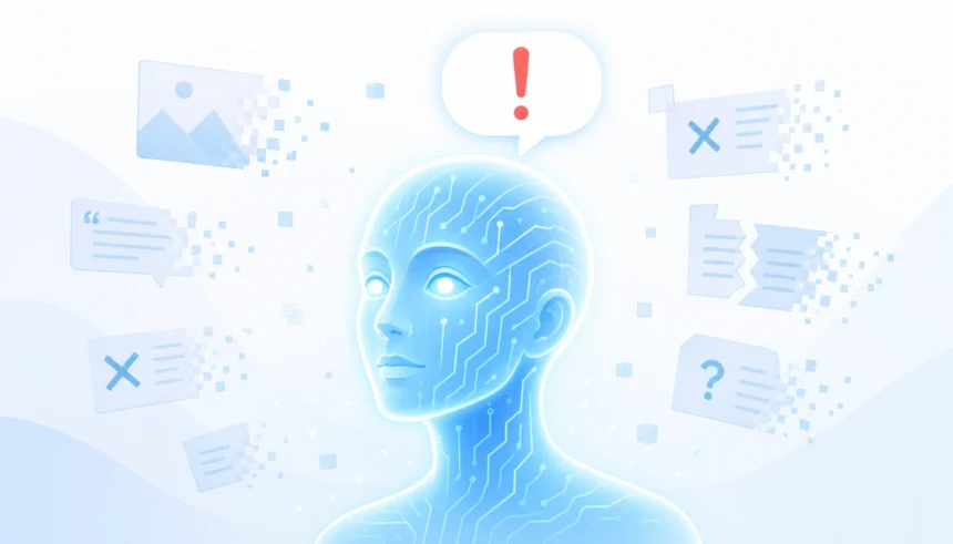 Illustration of an AI head generating a false answer, representing an AI hallucination